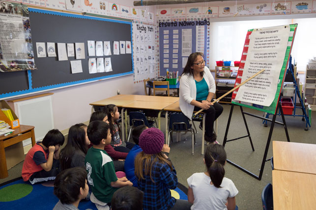 Grade 1-2 Tłi˛cho˛  immersion class in Behchokò˛, NWT. Photo by Stephanie Hansen/Up Here