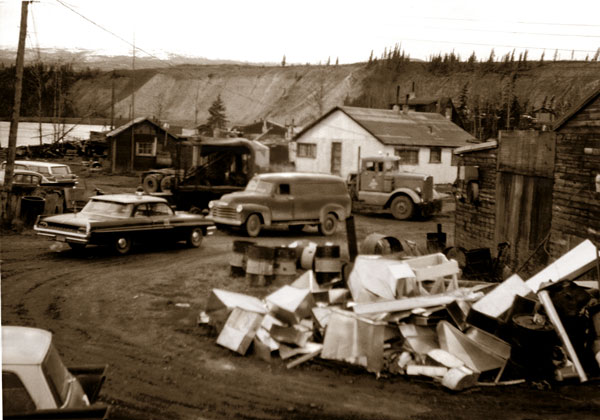 A street scene in Whiskey Flats before its demolition. (Yukon Archives, Whitehorse Star Ltd.)