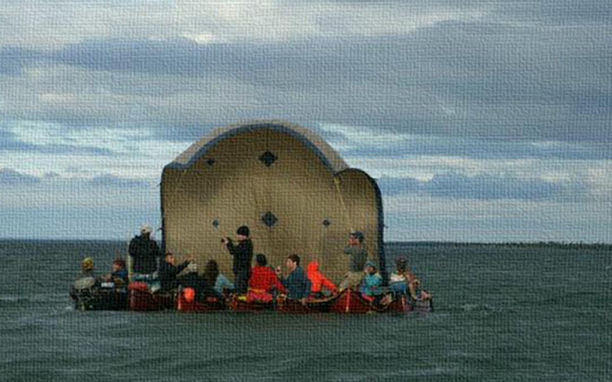 What a seven-canoes-turned-sailboat looks like. Photo courtesy Toban Leckie