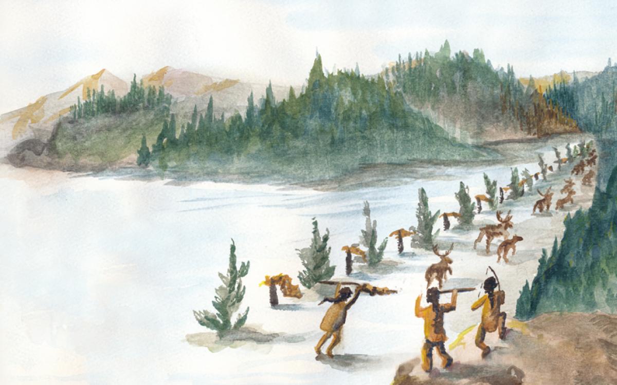 Once the herd was spotted, the men would make wolf sounds to scare the caribou into the corral. Women and children would line the fence to keep the caribou headed towards the ambush point, where a team of men would be ready with spears and arrows to slaughter them. Illustration by Beth Covvey