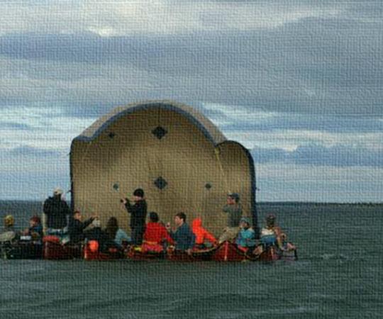 What a seven-canoes-turned-sailboat looks like. Photo courtesy Toban Leckie