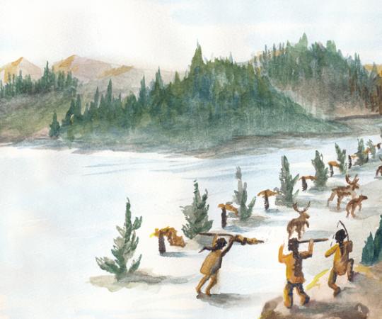 Once the herd was spotted, the men would make wolf sounds to scare the caribou into the corral. Women and children would line the fence to keep the caribou headed towards the ambush point, where a team of men would be ready with spears and arrows to slaughter them. Illustration by Beth Covvey