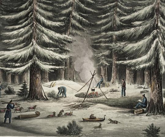 In a drawing by explorer George Back, a band of British adventurers bunk down in the wintery north woods. Institute for Northern Studies Fonds, University of Saskatchewan Archives