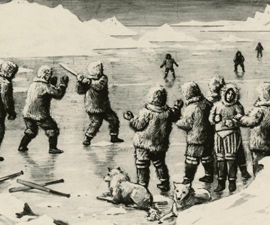 Whaling crews in the 1890s played an extreme version of baseball on the winter sea ice around Herschel Island, off the coast of the Yukon. The local Inuit were their biggest—and rowdiest—fans. Image from National Baseball Hall of Fame, BL-2540.93
