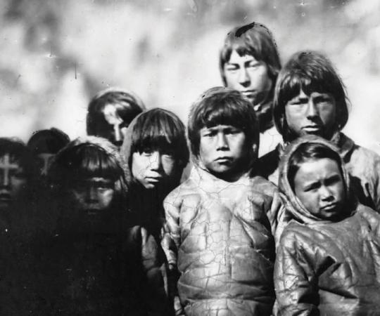 A gang of Inuit boys posing for Commander Inglefield near Baffin Island. National Maritime Museum-G4266